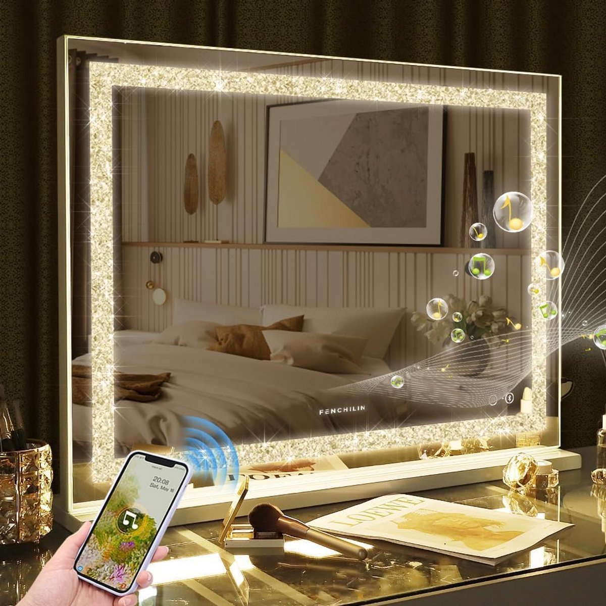 Grote Make-upspiegel met Verlichting, Bluetooth Speaker, 3 Dimbare Kleuren, USB Poort - Lichtkrant Spiegel 80x60 cm