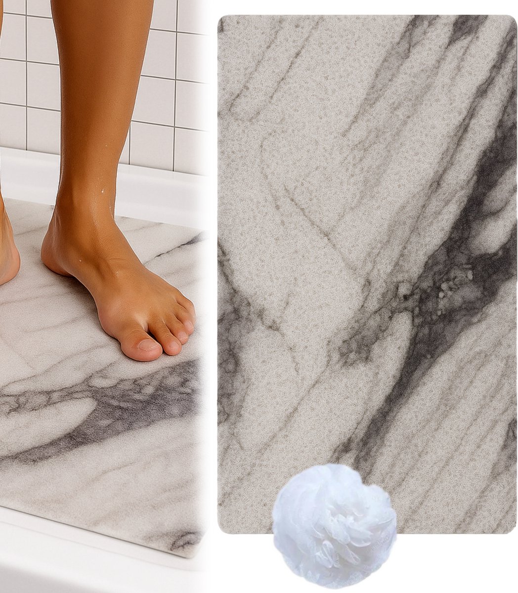 HSXL - Antislipmat Douche Zacht & Waterdoorlatend - 70x40CM - Incl. Netspons - Antislip Douchemat Wit Marmerlook – Anti Slip Douche Cabine Mat – Mat voor in de Badkamer - Badkamer accessoires