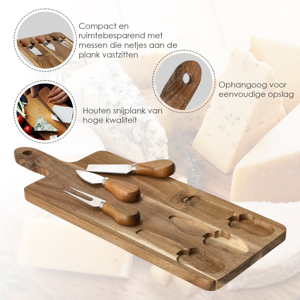 Kaasplankje met Messen – Bamboe Kaasplank met 3 Kaasmessen – Serveerset Houten Plank 42x15,5x1,5 cm voor Kaas, Borrel & Tapas — cadeau in Kookcadeaus - foto 5