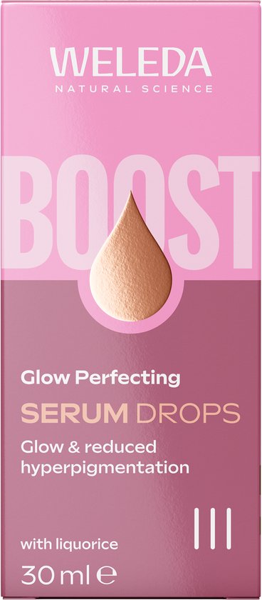 Verpakking van Weleda Glow Perfecting Serum Drops met roze en beige tinten en de tekst 'BOOST'.