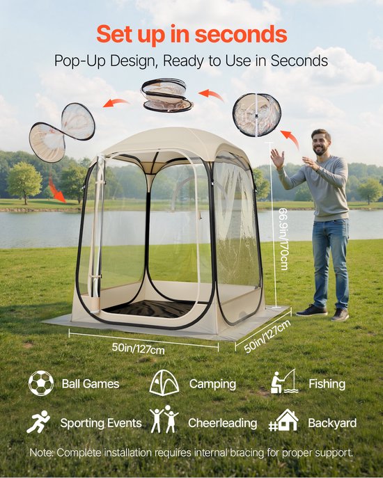 Opvouwbare Sport Tent, 127 x 127 cm Transparante Buiten Schuilplaats voor 1 Persoon, Waterdichte Pod Met Vloermat en Topdeksel, Tuin Dome Tent voor Kamperen, Evenementen, Vissen en Toeschouweractiviteiten van Merkloos — afbeelding 5