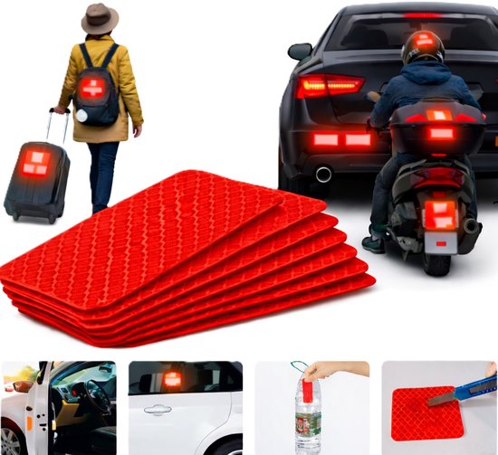 Verschillende toepassingen van rode, reflecterende stickers: op een auto, motor, koffer en in een auto interieur.