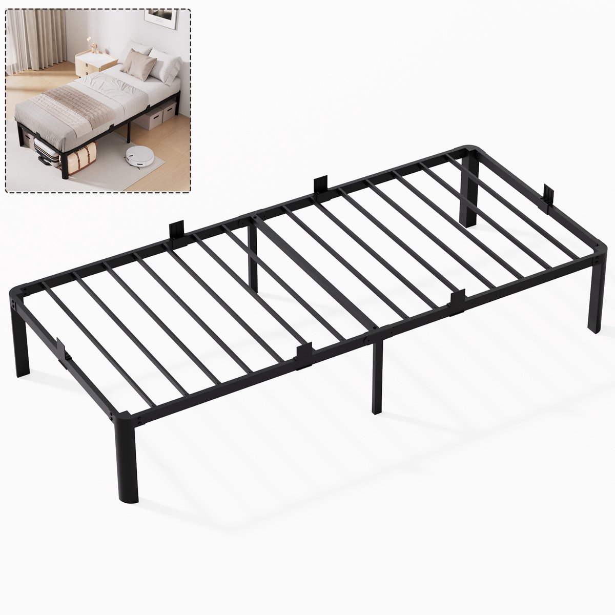 Sofetiy Metalen bed eenpersoonsbed - Bedframe - 90x200 cm Zwart - incl. bedbodem en Lattenbodem - Extra Stevig & Krasvrij - Minimalistisch - Grote Opbergruimte - IJzeren Bed - Voor 1 personen - Eenvoudig te Monteren