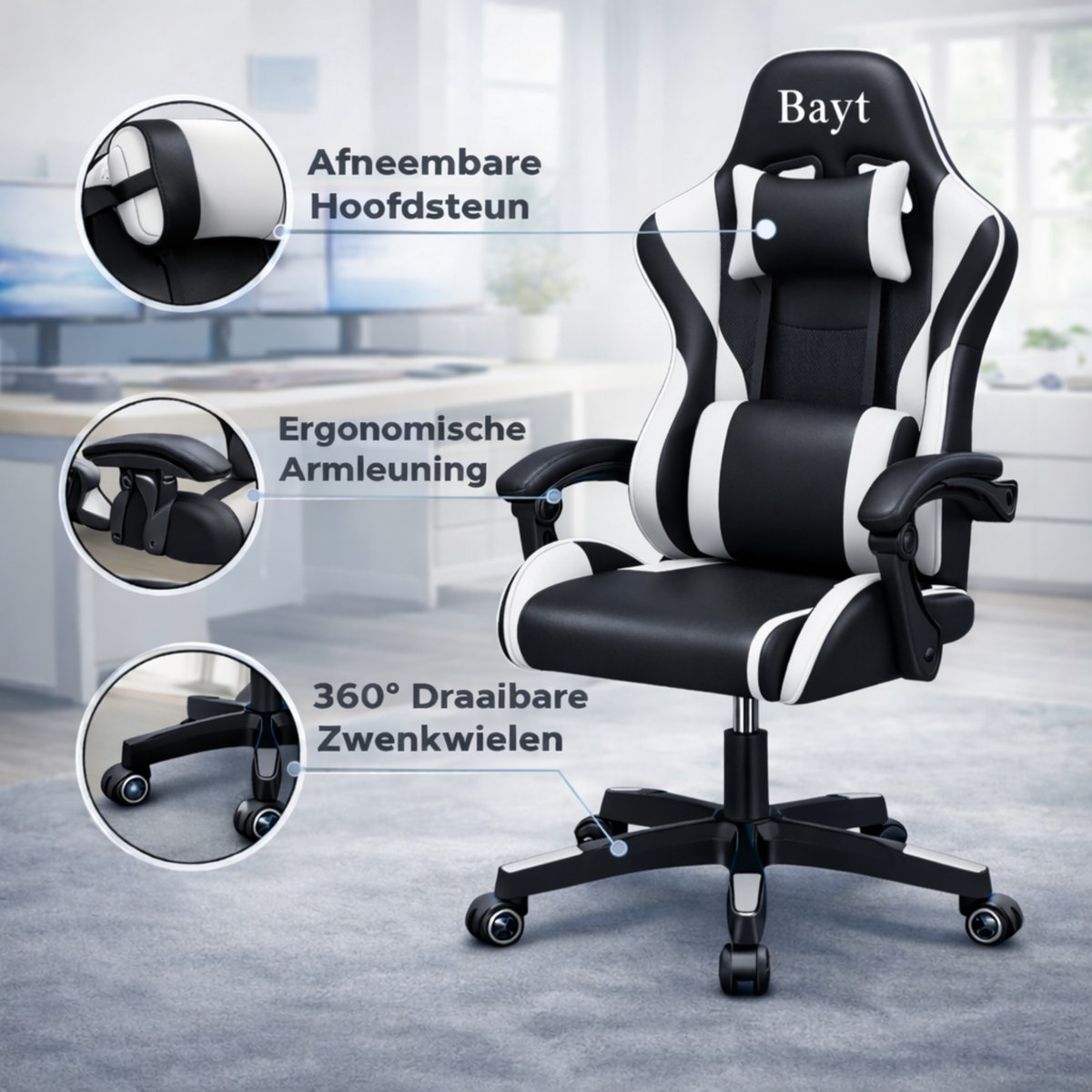 Bayt Gamingstoel Verstelbare Rugleuning Zwart en Wit - afbeelding 3