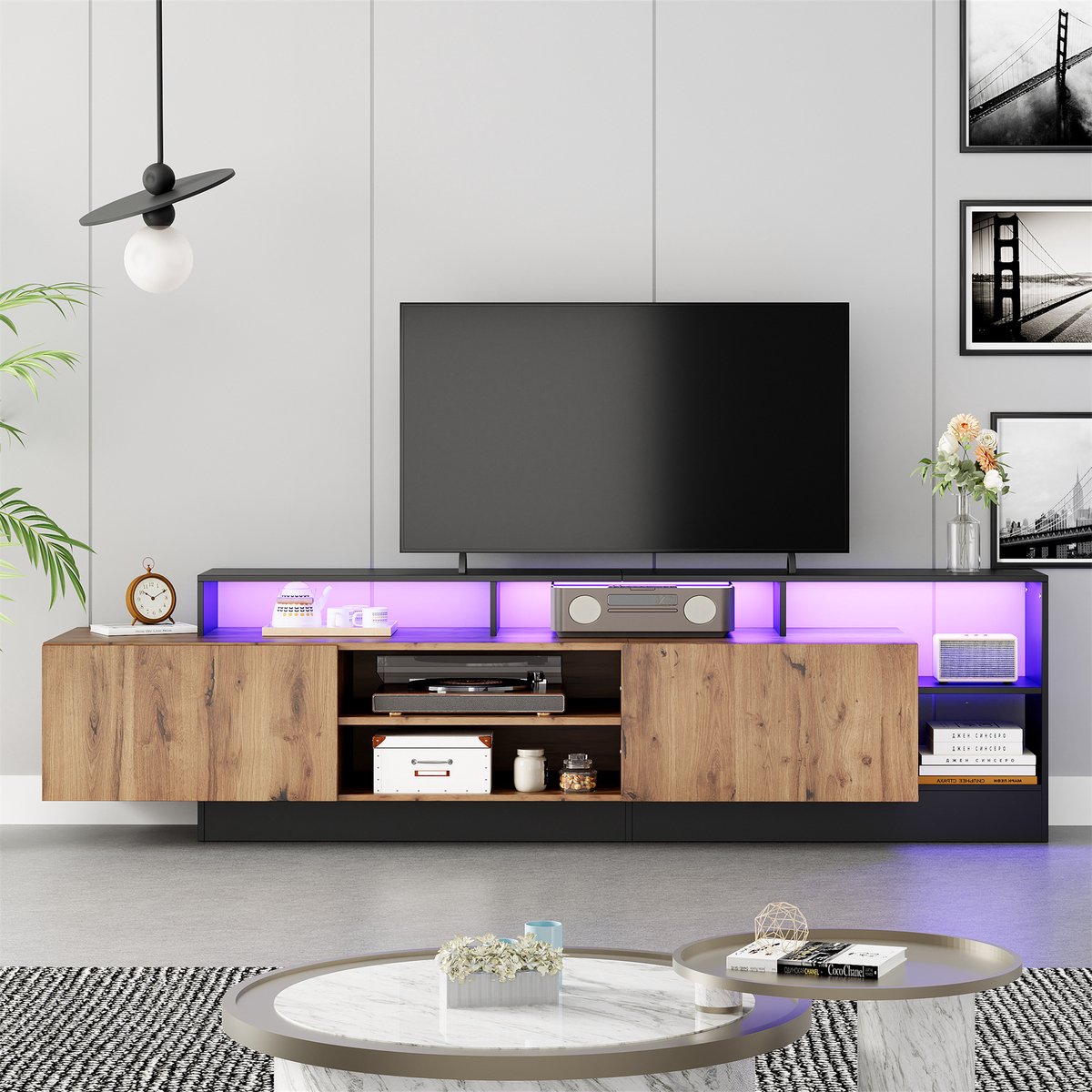 Clruro TV Meubel - Voor 70 Inch TV - Met LED Verlichting - Open Vakken en Zwart Frame - Houtkleur Zwart, Eiken