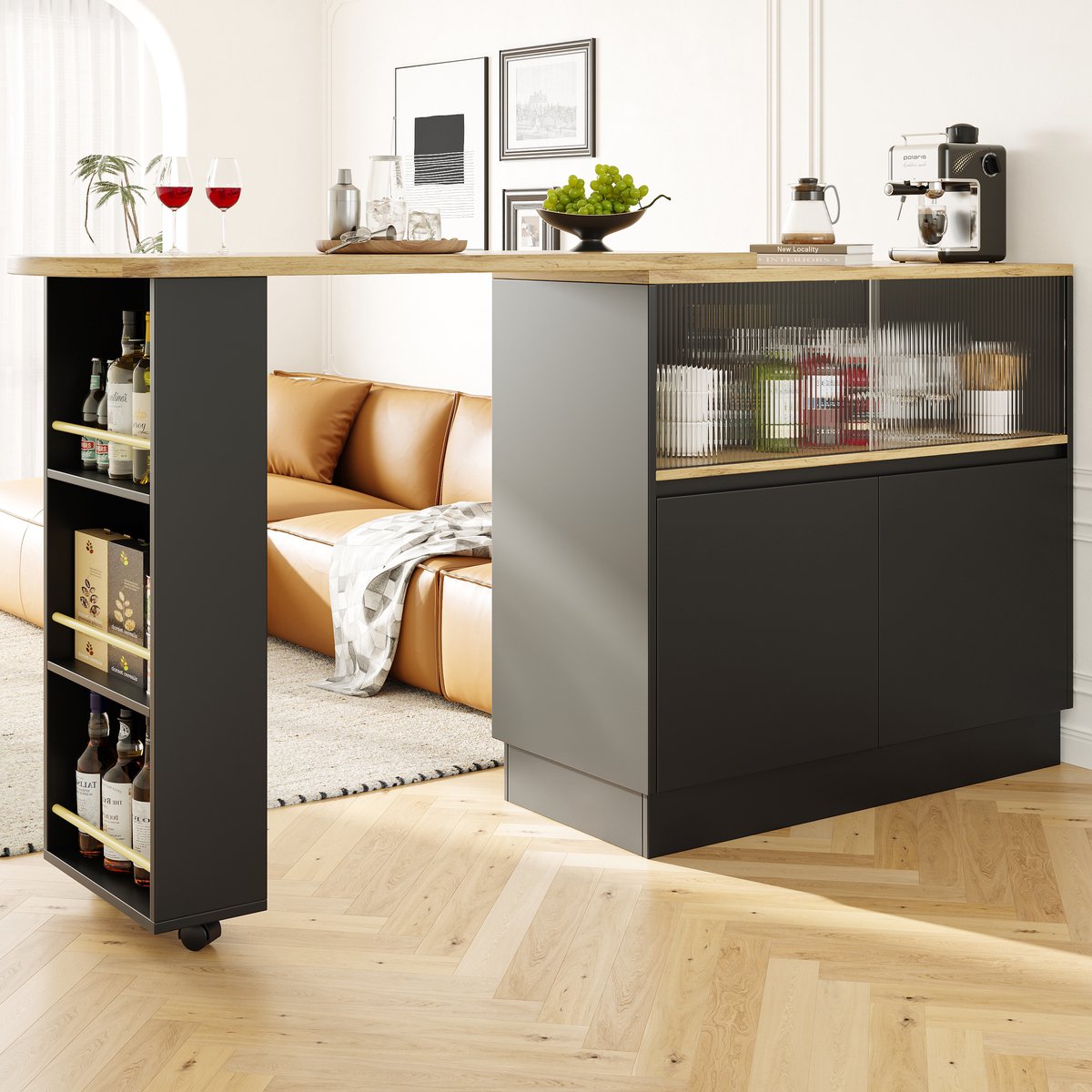 HAUSS SPOLE Dressoir - 360° Draaibare Barkast Met Glazen Schuifdeur - Multifunctioneel Voor Keuken En Eetkamer - MDF - 90x45x100 Cm - Zwart