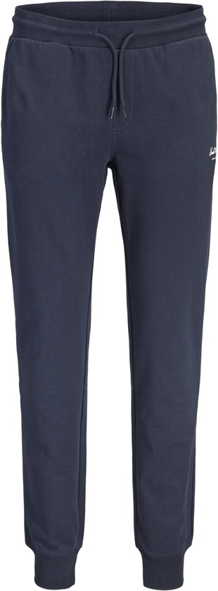 Donkerblauwe sweatpants met trekkoord en kleine logo-opdruk.