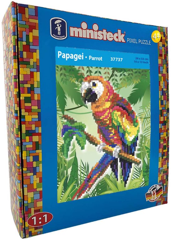 Ministeck Pixel Puzzle van een kleurrijke papegaai op een tak, 26 x 33 cm.