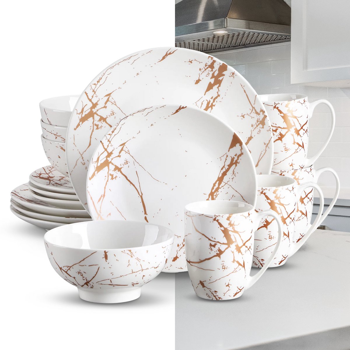 Luxe Serviesset – 16 delig – 4 persoons – Porselein - Bordenset – Dinner platen – Dessertborden - Kommen - Mokkon - Wit + Goud
