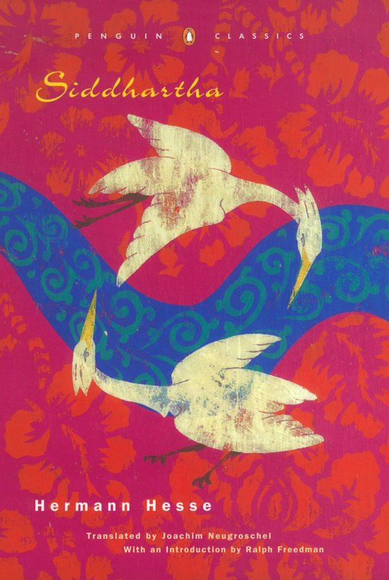 Boekkaft van Siddhartha van Hermann Hesse met een roze achtergrond en twee witte vogels die boven een blauwe rivier vliegen.
