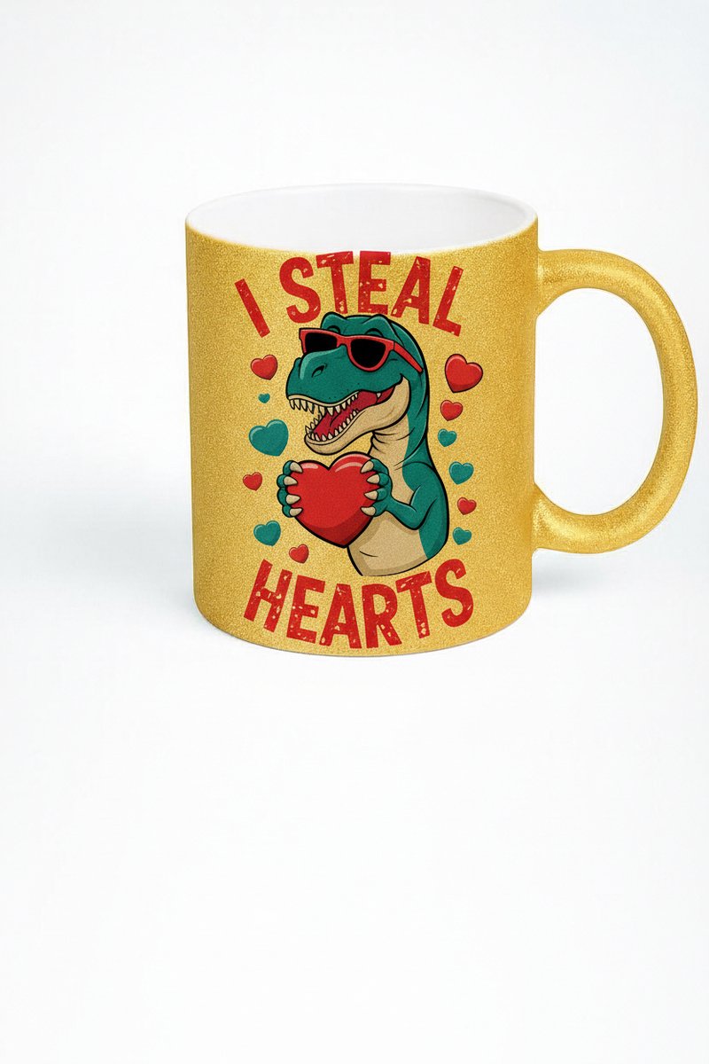 Gouden Glitter Mok T-Rex "I Steal Hearts" - Valentijn Dinosaurus Cadeau