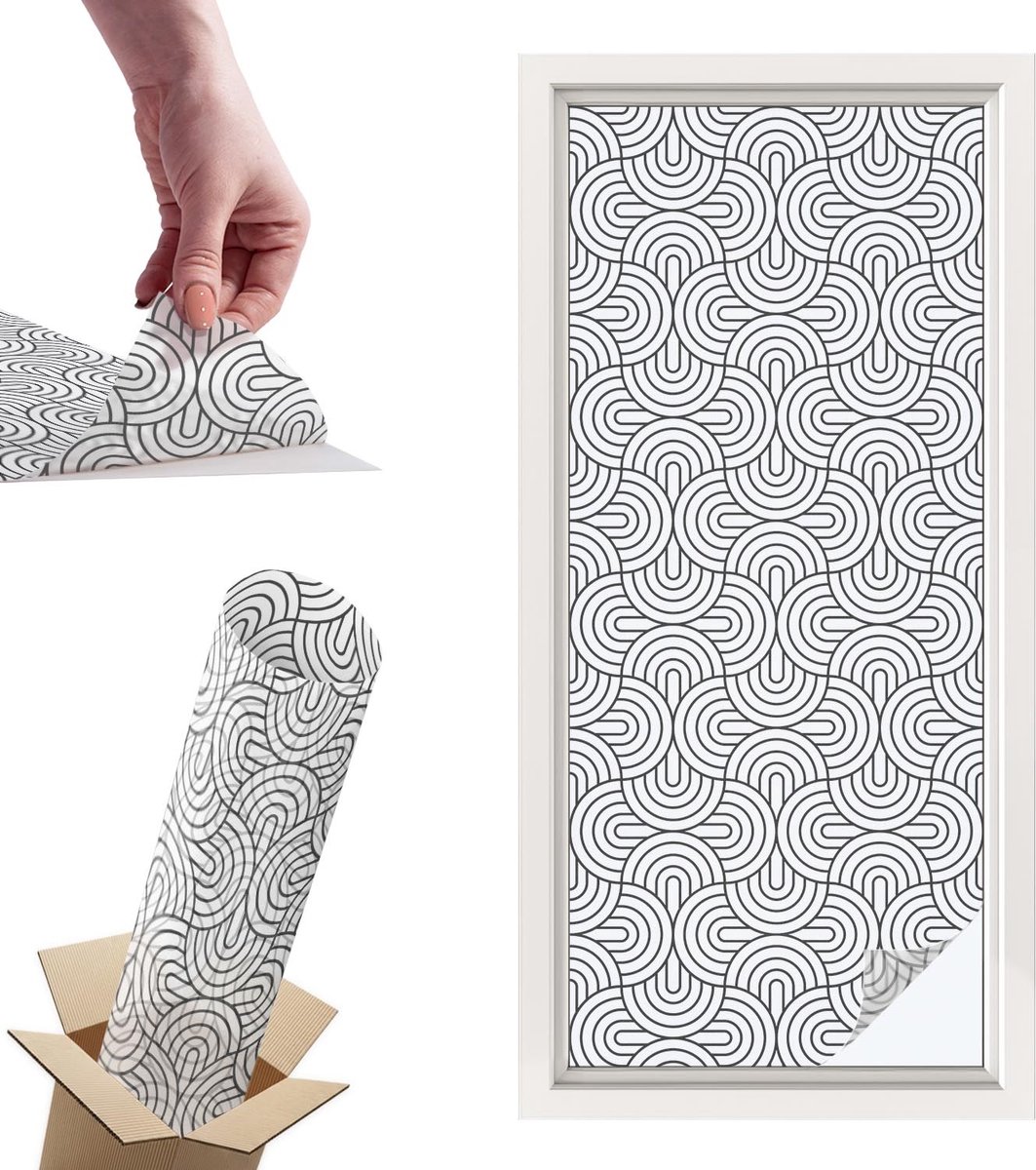 TULUP Raamfolie Anti inkijk - Geometrische halve cirkels Privacy Folie Raam - 50x116 cm - Zwart-wit Anti inkijk Folie - Raamfolie Tegen inkijk Glas in Lood - Voor de woonkamer, voor het kantoor, voor de slaapkamer - Raamfolie Zonwering Zwart-wit - Geometrische halve cirkels