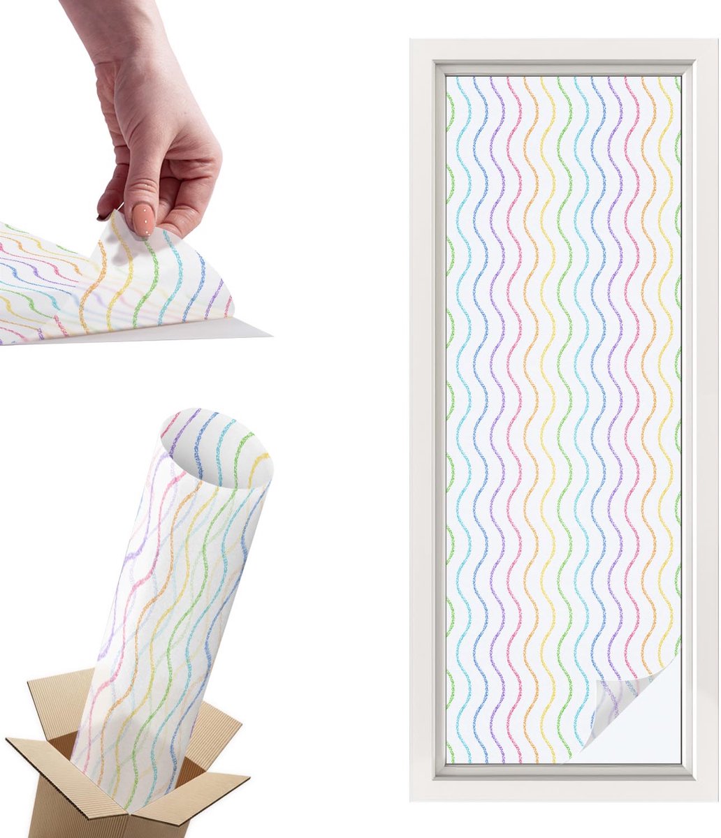 TULUP Raamfolie Anti inkijk - Regenbooglijnen Privacy Folie Raam - 50x146 cm - Wit Anti inkijk Folie - Raamfolie Tegen inkijk Glas in Lood - Voor de hal, slaapkamer, kledingkast - Raamfolie Zonwering Wit - Regenbooglijnen