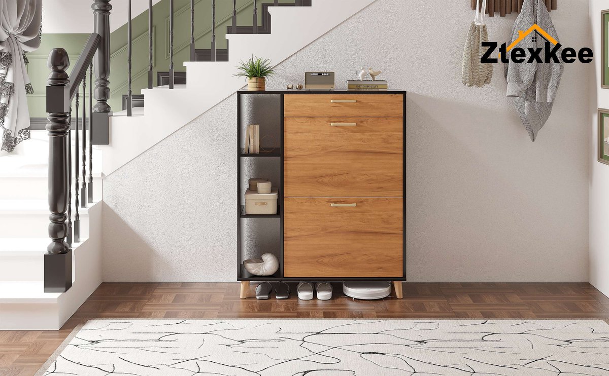 Schoenenkast - Zwarte schoenenkast - Schoenenkast met dubbele deur en enkele lade - Uittrekbaar ontwerp - Handig voor het opbergen van schoenen - Geschikt voor entrees, hallen, woonkamers, enz. Afmetingen: 101x80x24 cm