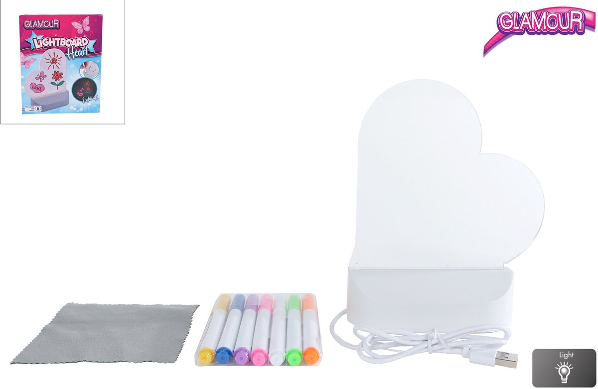 Van Manen glamour lichtbord hart met USB-aansluiting en 7 stiften 16cm.