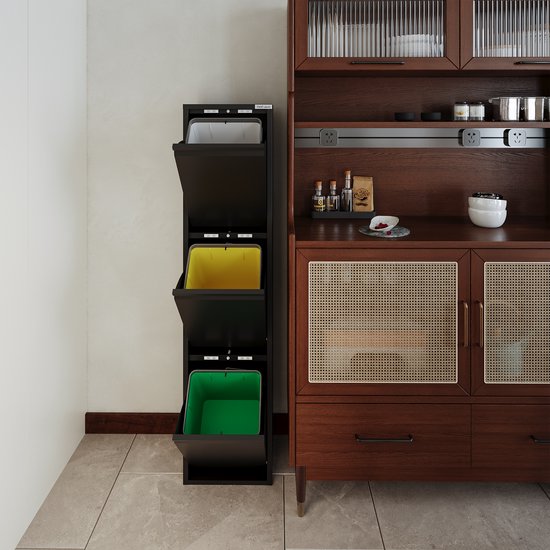 VEEHAUS – Monstera - Prullenbak 3 vakken – Afvalemmer 45 Liter (3x 15L) – Zwart – Hygiënisch Recyclen - 3-vaks Prullenbak Afvalscheiding – Afvalbak Metaal - Afval Scheiden - Prullenbak