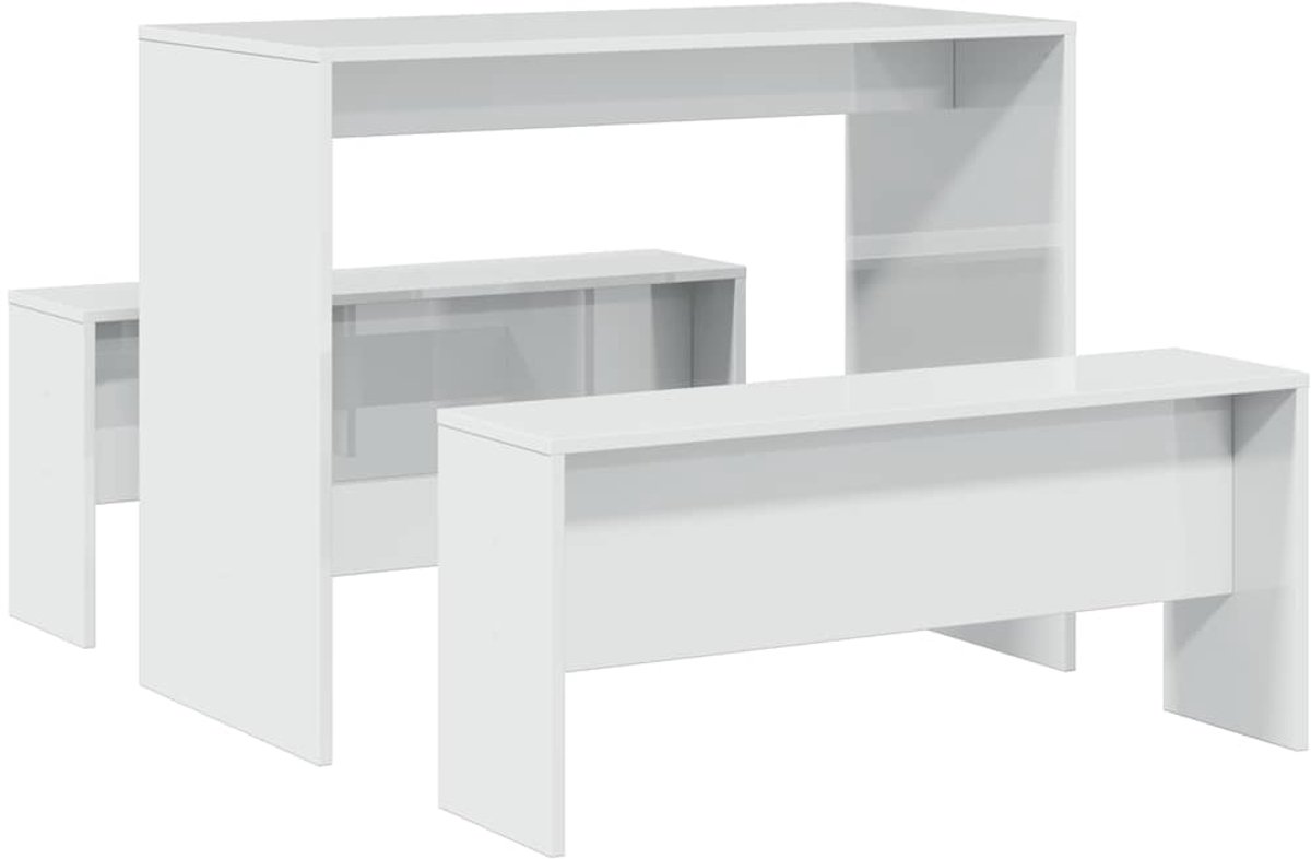 vidaXL 3-delige - Eettafel - en - bankenset - bewerkt - hout - hoogglans - wit hoogglans wit