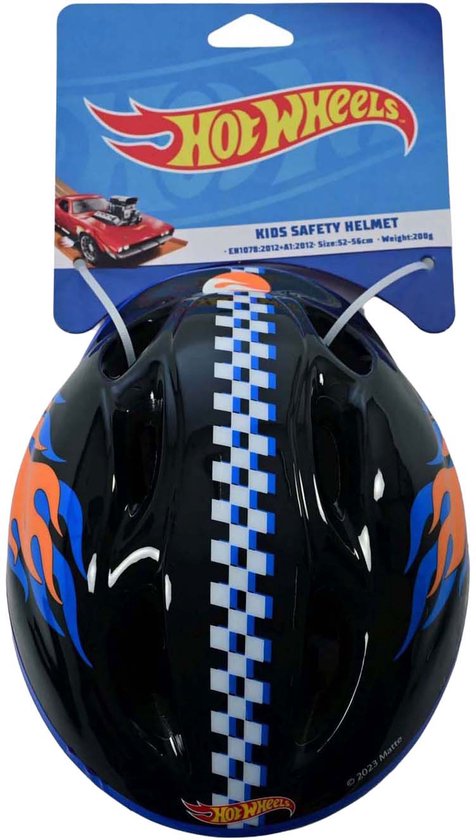 Zwarte kinderfietshelm met Hot Wheels logo, vlammen en geblokte band, verpakt in displayverpakking.