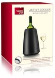 Verpakking van een Vacu Vin Active Cooler Wine Elegant, zwarte wijnkoeler met een fles witte wijn en een glas.