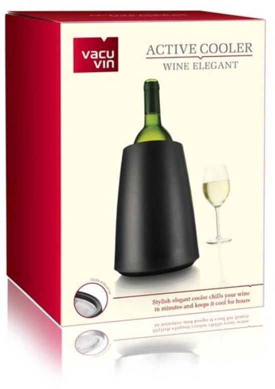 Verpakking van een Vacu Vin Active Cooler Wine Elegant, zwarte wijnkoeler met een fles witte wijn en een glas.