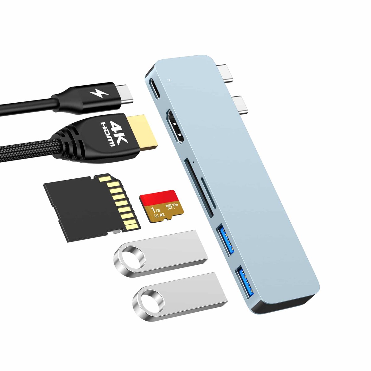 MacBook USB-C Hub Docking Station Thunderbolt 3/4/5, HDMI 4K60Hz, USB 3.0, SD/MicroSD lezer - Sky Blue - Afbeelding 3