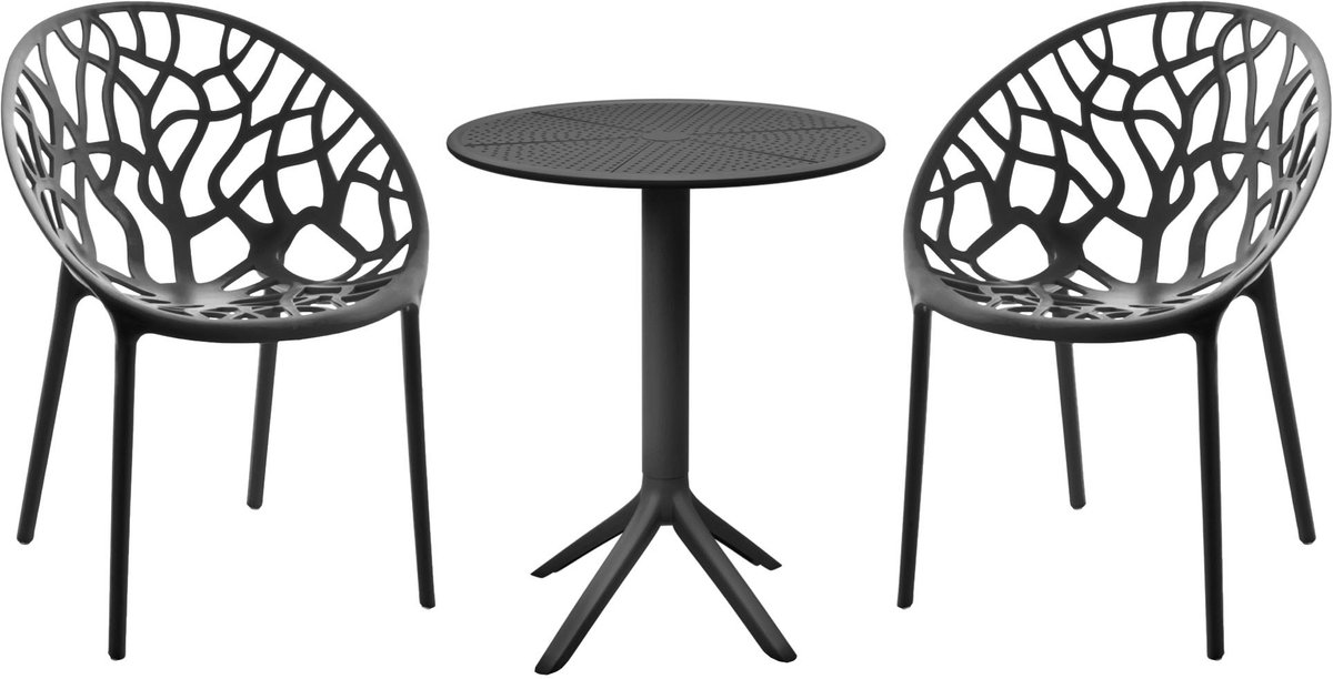 CLP Tuinmeubelset Hoscana - Ronde Eettafel Ø60 cm met 2 Stapelbare Stoelen - Polypropyleen - Weerbestendig & UV-bestendig - zwart