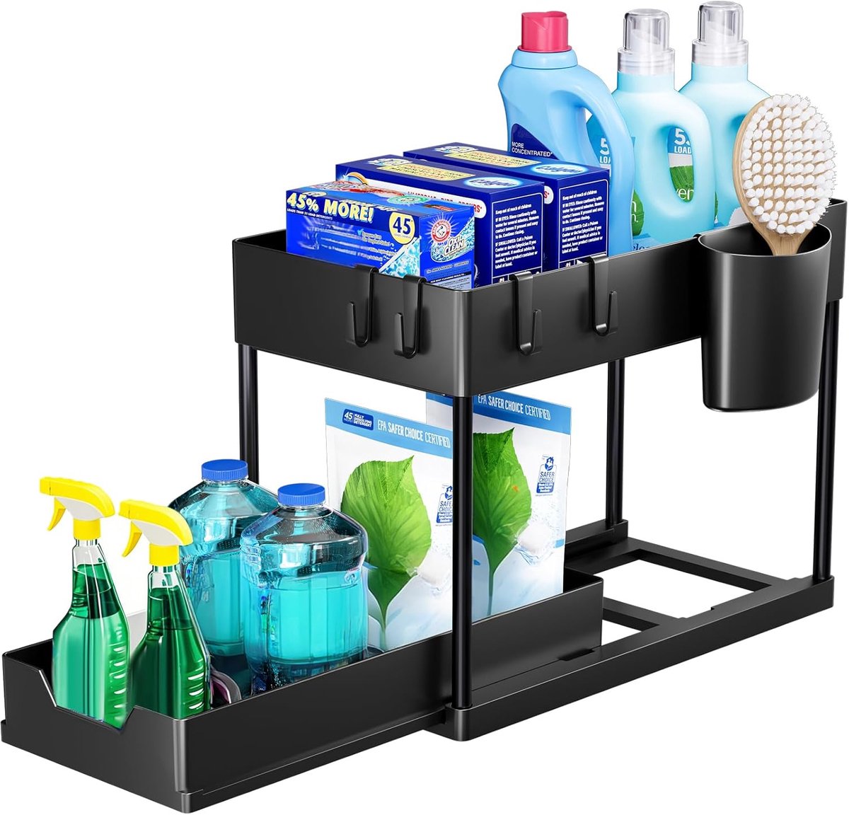 Opbergrek onder de gootsteen- keukenopbergrek met 2 lagen en uitschuifbare lade- multifunctioneel opbergrek voor badkamer- aanrecht- wasruimte- zwart