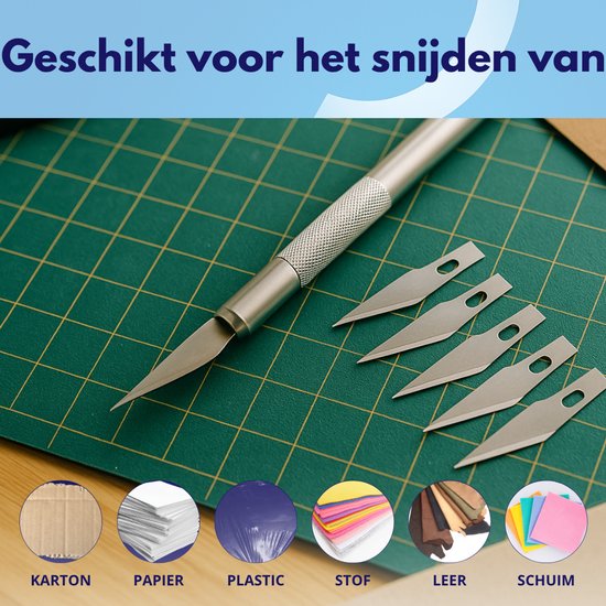 Gedetailleerd overzicht van materialen die gesneden kunnen worden met het scalpelmes, waaronder karton, papier en stof.