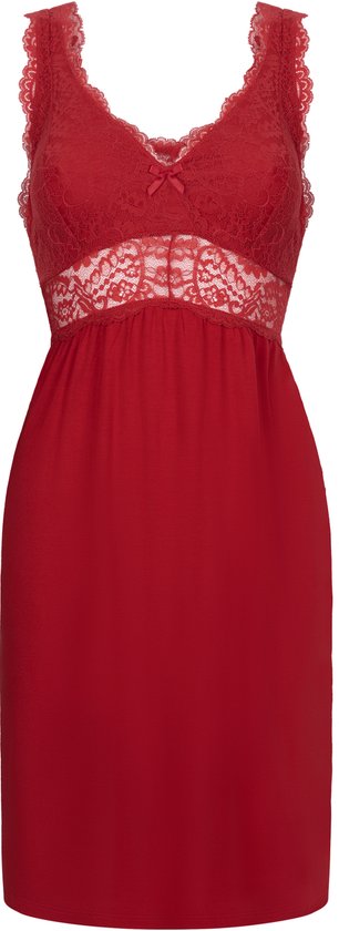 Rood kanten negligé met V-hals, strikdetail en soepele stof.