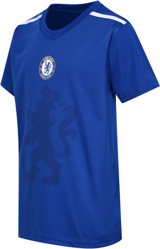 Blauw Chelsea FC kinder voetbalshirt met een donkerblauwe leeuw print en witte strepen op de schouders.