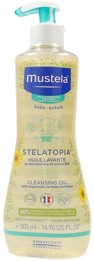 Mustela Stelatopia Cleansing Oil, 500 ml fles met pompje, met zonbloem-motief.
