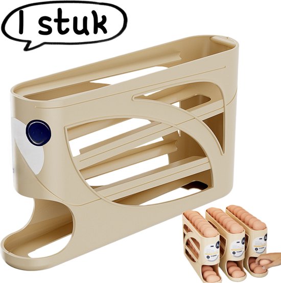 1 artikel - Eierdoos - Antibacteriële eierrolglijder met zilverionen - Opbergdoos met wieltjes voor de zijdeur van de koelkast - Crèmekleur