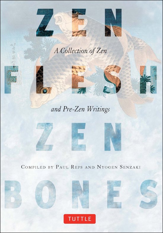Titel 'Zen Flesh, Zen Bones' met een illustratie van twee vissen en tekst.