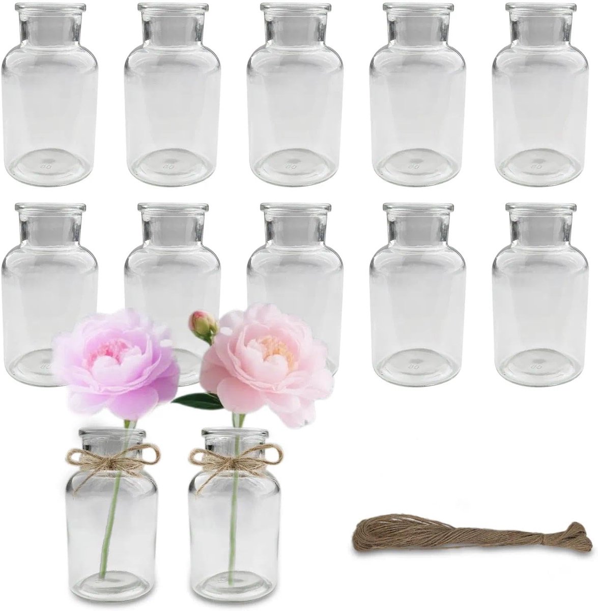 Famanu - Set van 12 mini-glazen vazen, 125 ml, transparante vaas, kleine bloemenvaas, decoratieve vazen met koord, voor moderne tafeldecoraties, tafelopzetstukken, vaatwasmachinebestendig
