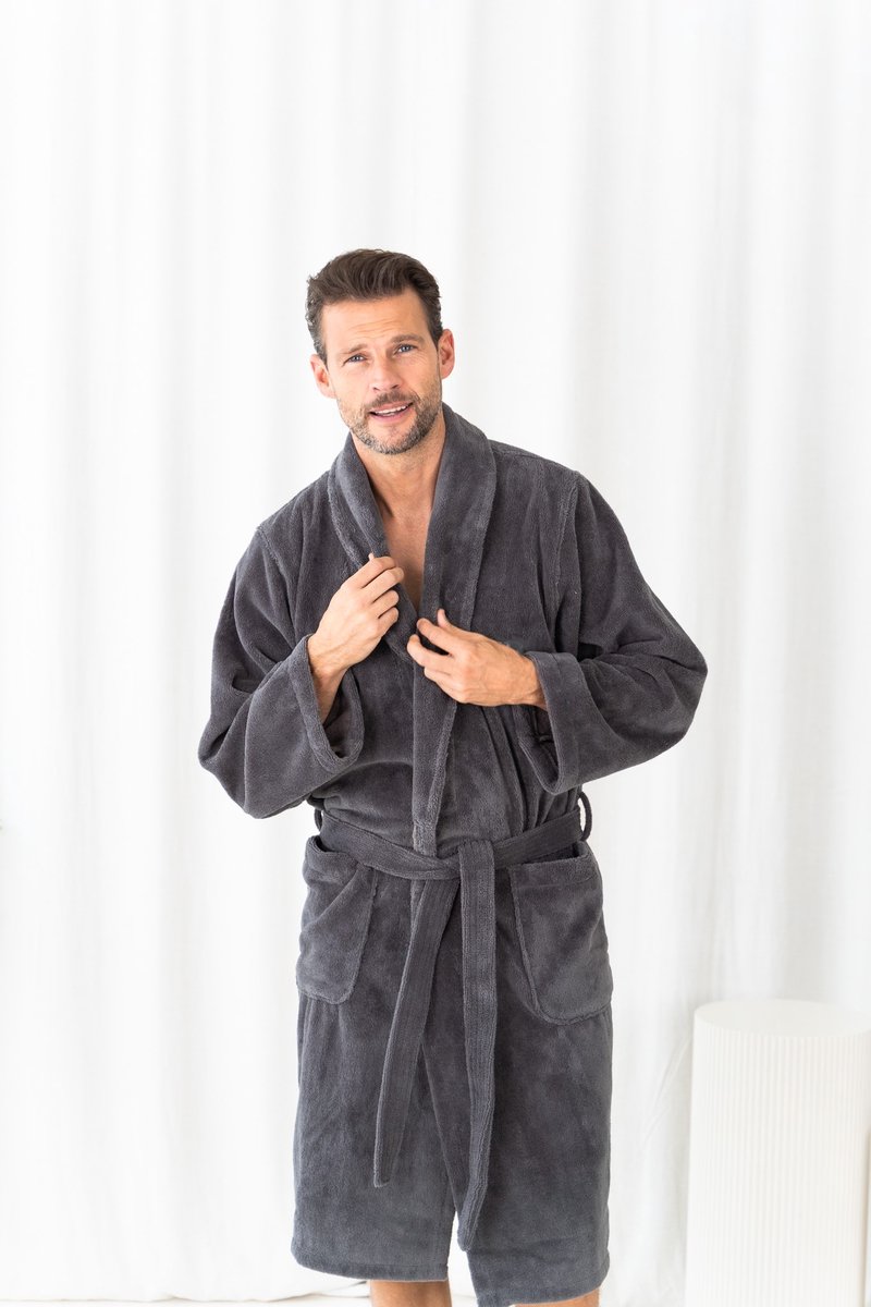 Casilin - Badjas Teddy voor Dames en Heren - Maat XL - Voor Volwassen - Met riem - Badstof, Fleece, Katoen - Absorberend - Wasmachinebestendig - Donkergrijs, Grijs