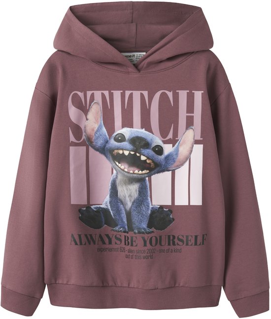 Bordeauxrode hoodie met Stitch-print en de tekst Always Be Yourself.