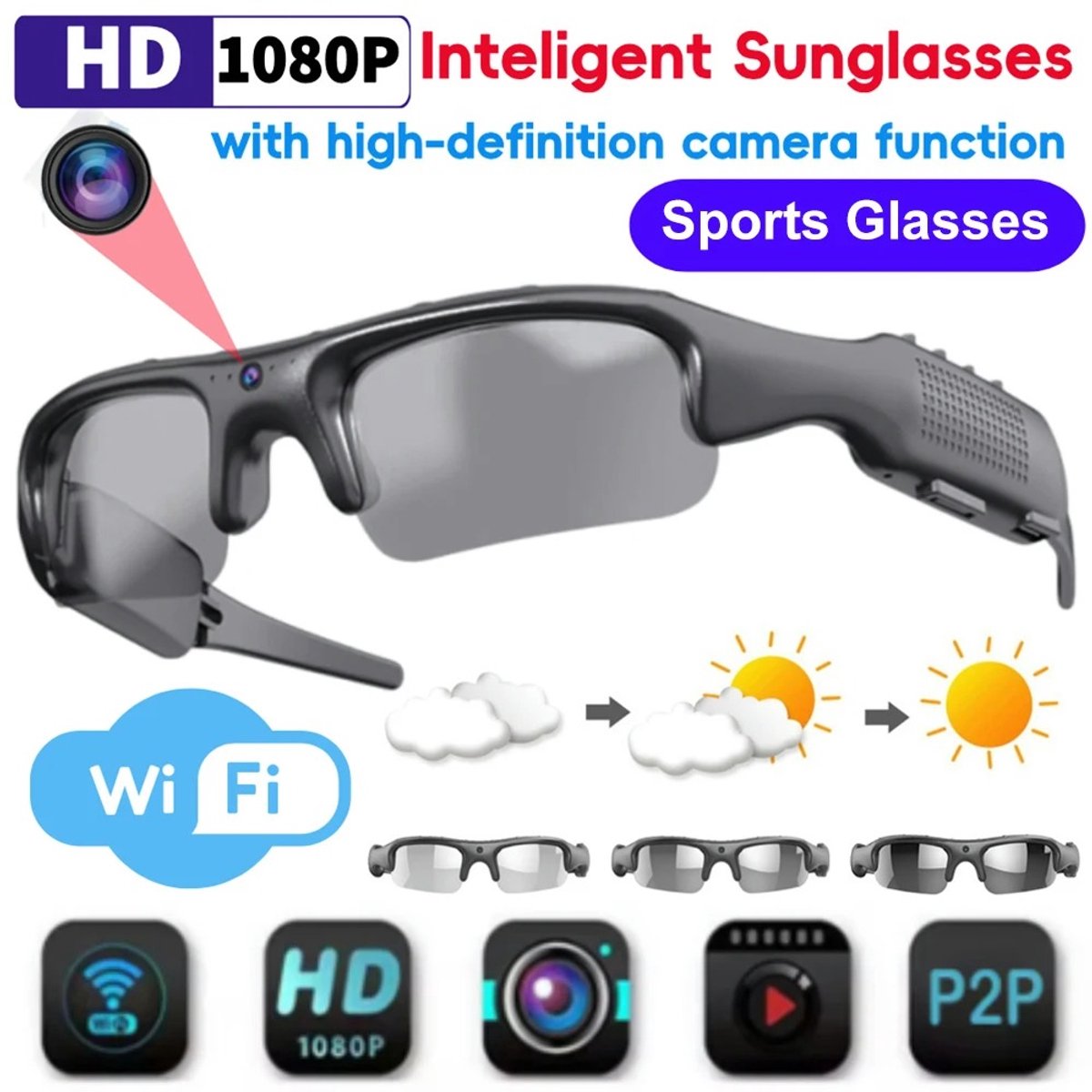 1080P WiFi Zonnebrilcamera – Sportbril met Camera – 170° Groothoek – Polarisatie – Handsfree Video & Foto – Geschikt voor Buiten & Reizen