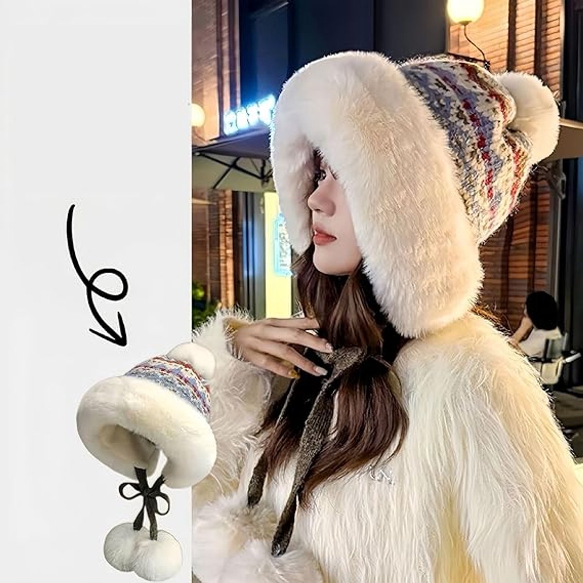 Muts - Dikke wollen gebreide damesmuts - Dames wintermuts - Wintermuts met pompons - Warme wollen voering - Aviatormuts met oorkleppen - Kerstcadeau - Verjaardagscadeau (khaki) — cadeau in Mode & Accessoires - foto 3