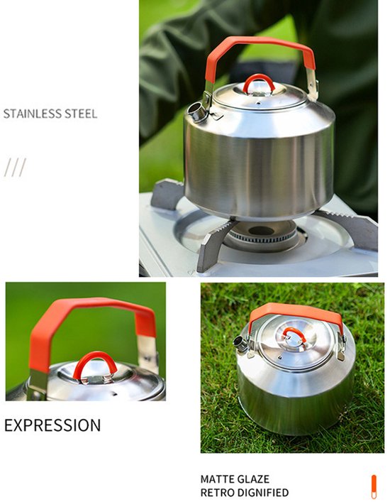 1L Campingketel - Buitenwaterfles van roestvrij staal 304 - Draagbare thee-infuser - Koffiepot - Met handvat en opbergzak - Geschikt voor kokend water, koffiezetten, thee zetten, melk of koffie verwarmen - Zilver — afbeelding 5