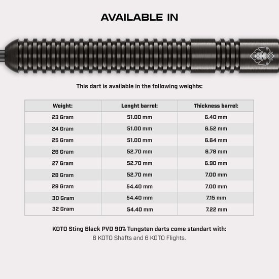KOTO - Sting Black Straight - 90% Tungsten - Dartpijlen - 28 Gram - Zwart - Steeldarts van KOTO — afbeelding 3