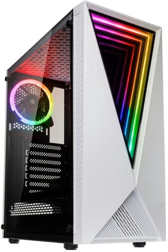 Witte computerkast met glazen zijkant en RGB-verlichte ventilatoren en voorkant.