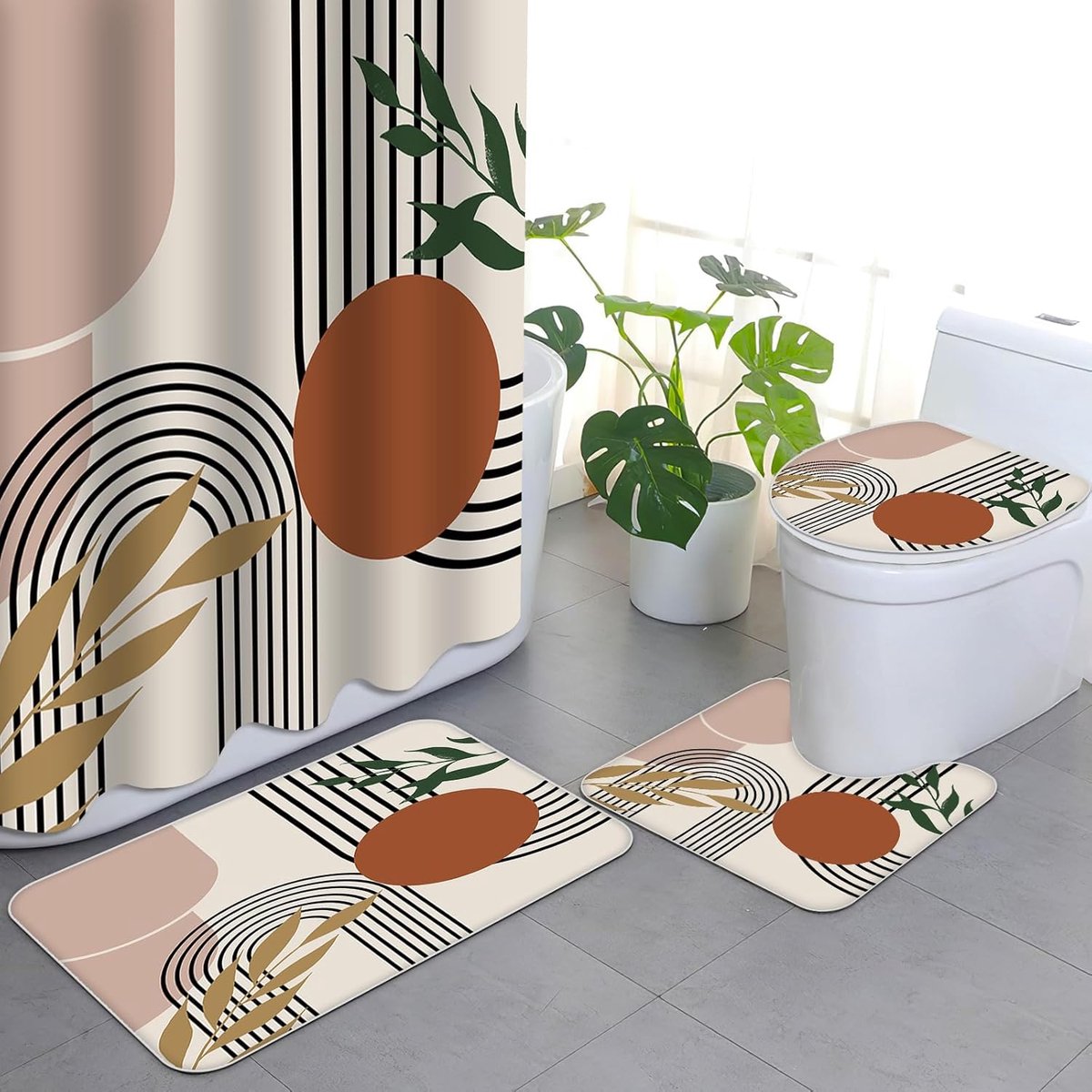 4 Piece Boho Medieval Douchegordijn Set - Abstract Modern Badkamer Set met Douchegordijn - Karpet - Toiletdeksel Mat en U-Vormige Pad - Wasbaar met 12 Haakjes