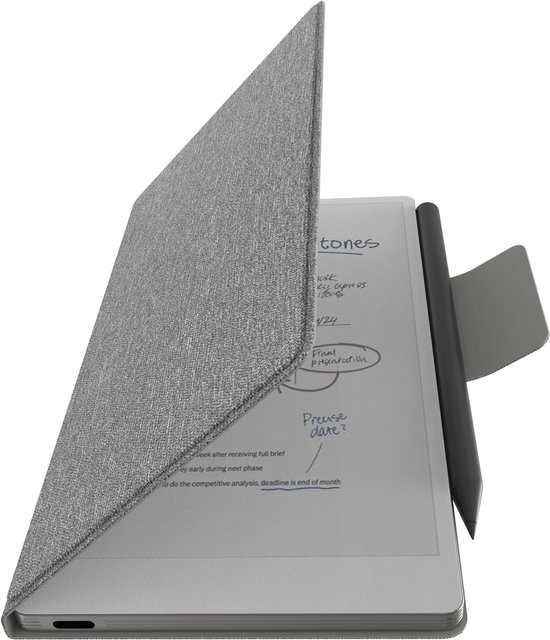 Grijze stoffen hoes opengewerkt, toont papieren tablet met stylus op de zijkant.