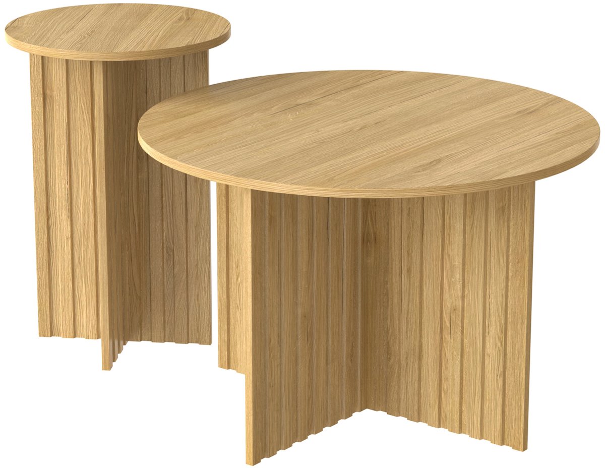 REDOM Houten 2-delige Nesttafelset – ronde salontafels Ø76/Ø40 cm, natuurlijke houtlook, MDF/PB, ruimtebesparend