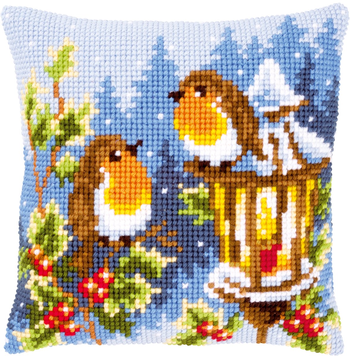 Vervaco - Kruissteekkussen kit - Roodborstjes met lamp - PN-0145077 - Borduren - Borduurpakket - Borduurpakket volwassenen - Borduurpakket kind