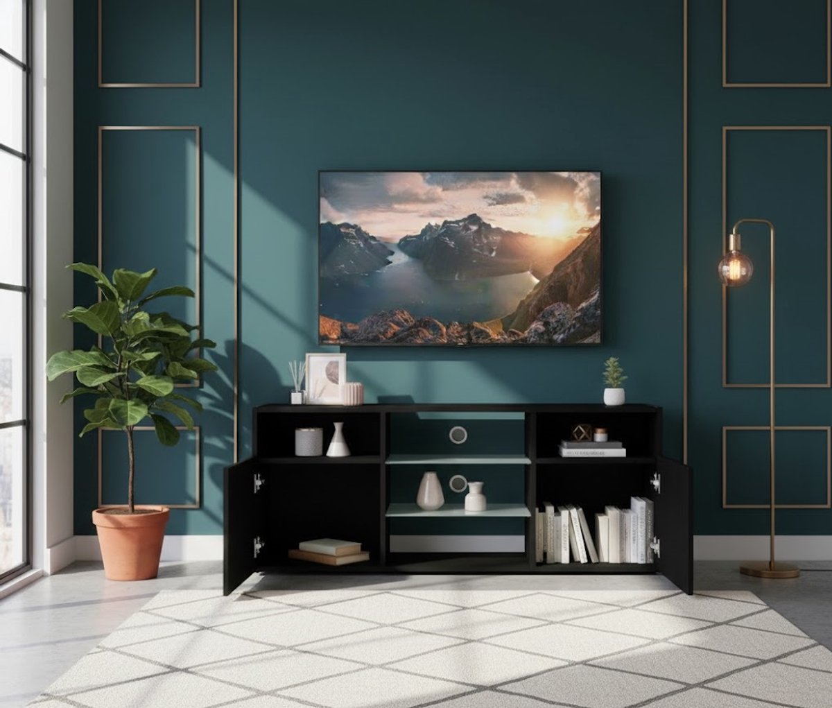 Modern Zwart Eiken TV-meubel met - 120x30x50 cm - Zwart - TV-meubel LED-verlichting, 2 Deu