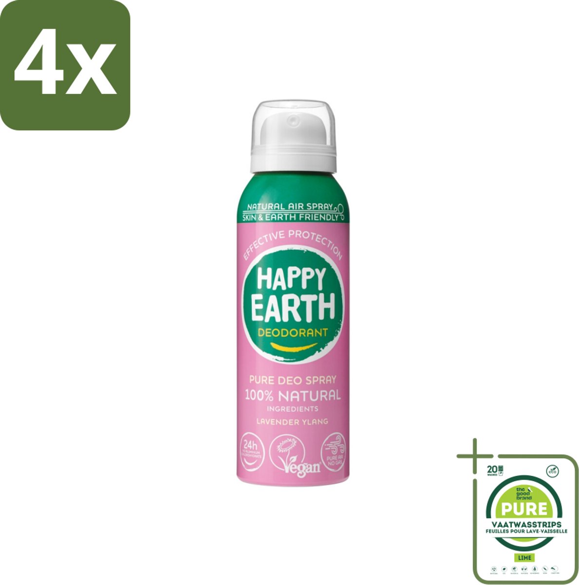 Happy Earth – Deodorant Spray – 100% Natuurlijk Lavender Ylang – 100 ml - Voordeelverpakking - 4 stuks - Natuurlijke deodorant spray - Luchtige deodorant