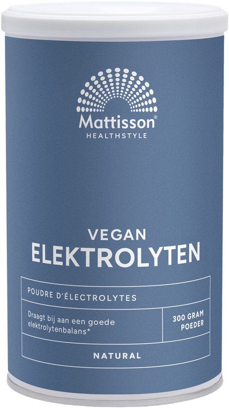 Blauwe Mattisson Elektrolyten poeder bus met tekst. Bevat 300 gram.