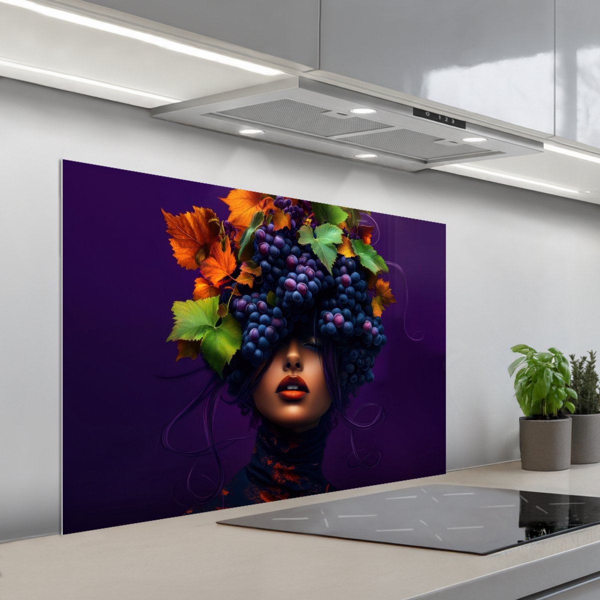 KitchenYeah Spatscherm 100x65 cm Zelfklevende achterwand Vrouw Paars Druiven Keuken muurbeschermer Spatwand fornuis