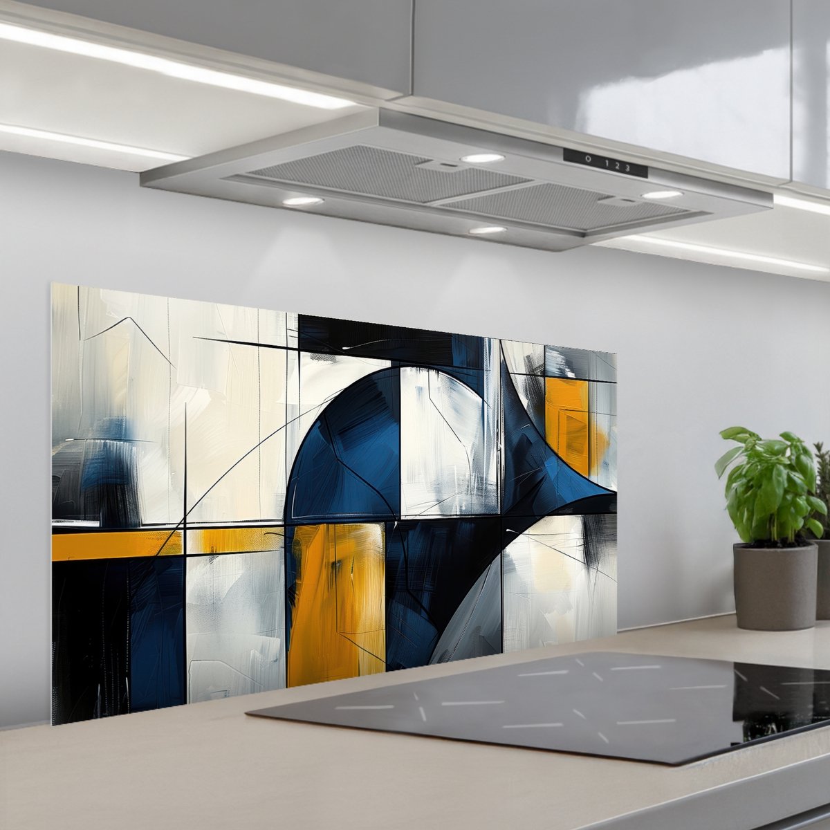 KitchenYeah Spatscherm 100x50 cm Zelfklevende achterwand Abstract Vormen Goud Blauw Geometrisch Keuken muurbeschermer Spatwand fornuis